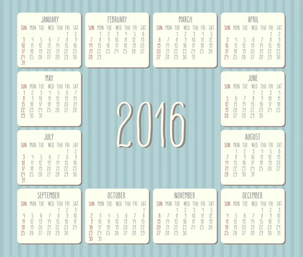 Año 2016 calendario mensual — Archivo Imágenes Vectoriales