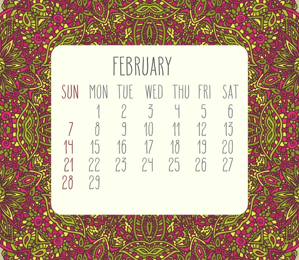 February 2016 monthly calendar — Stock Vector