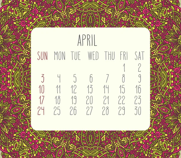 April 2016 monthly calendar — Stock Vector