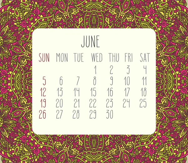 Червень 2016 місячний календар — стоковий вектор
