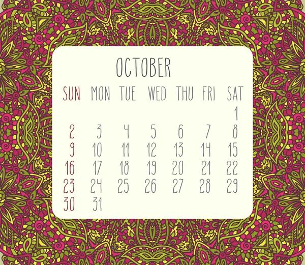 Oktober 2016 monatlicher Kalender — Stockvektor