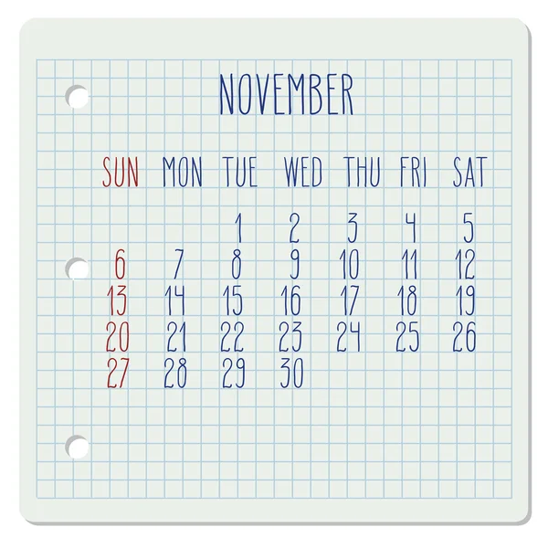 November 2016 monatlicher Kalender — Stockvektor