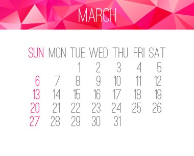 Mart 2016 aylık takvim