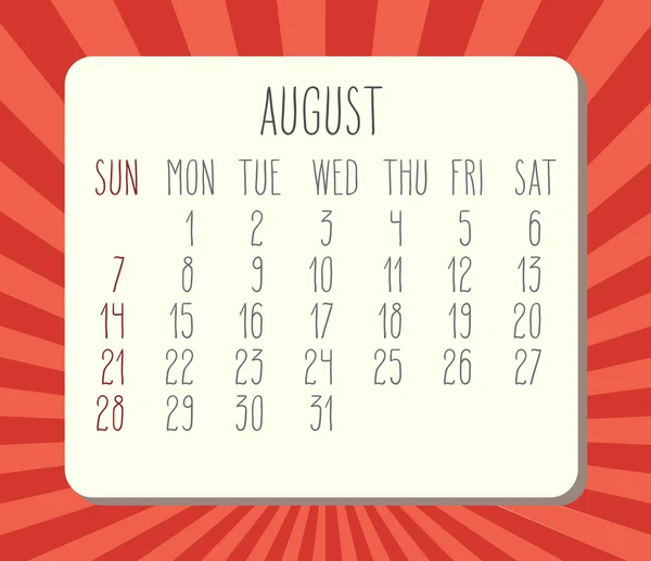 Agosto 2016 calendário mensal —  Vetores de Stock
