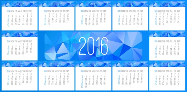 Ano 2016 calendário mensal — Vetor de Stock