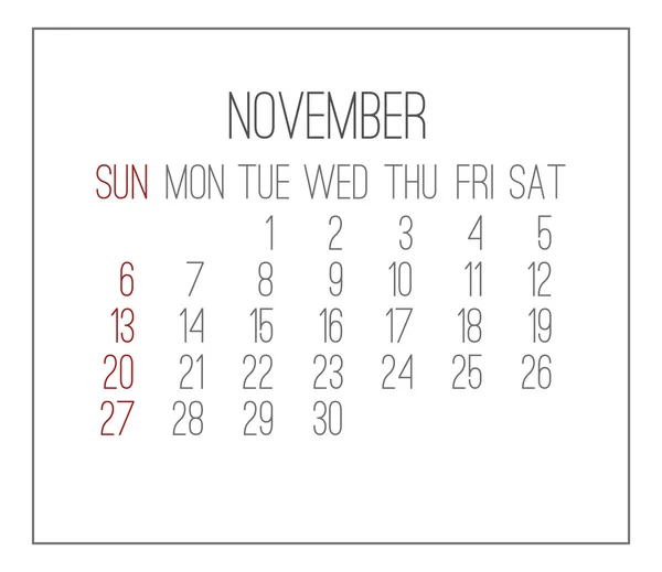 November 2016 monatlicher Kalender — Stockvektor