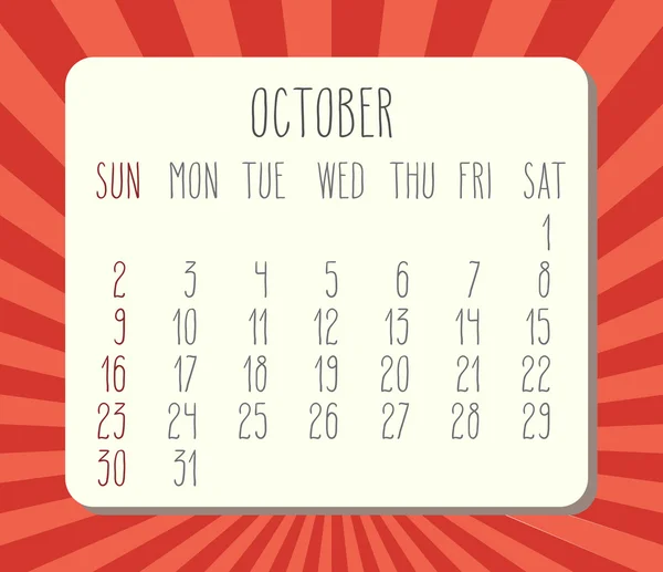 Octubre 2016 calendario mensual — Archivo Imágenes Vectoriales