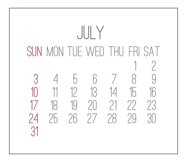 Calendrier mensuel juillet 2016 — Image vectorielle