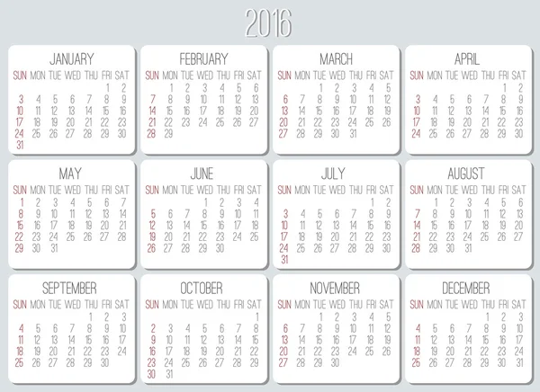 Année 2016 calendrier mensuel — Image vectorielle