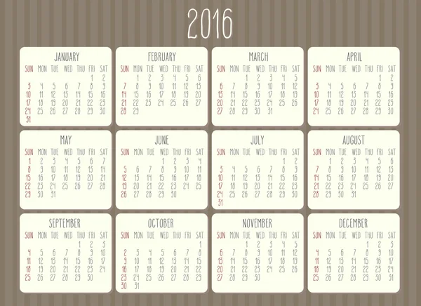 Jahr 2016 monatlicher Kalender — Stockvektor