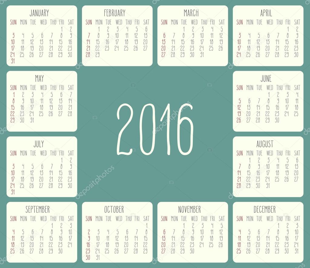 Year 2016 monthly calendar