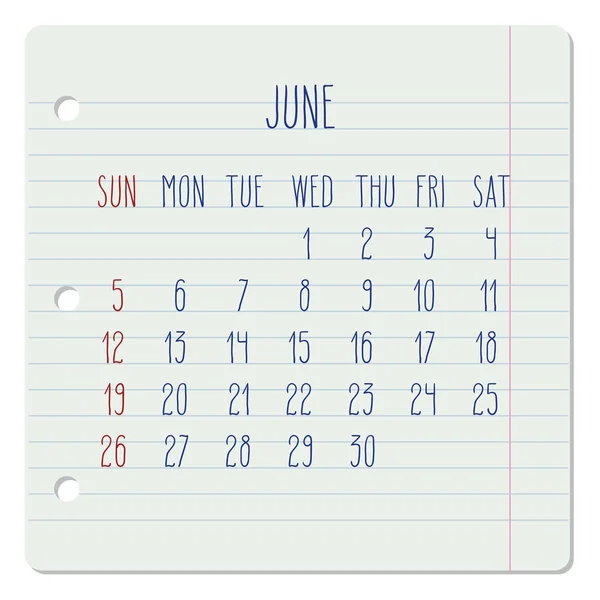Junio 2016 calendario mensual — Vector de stock