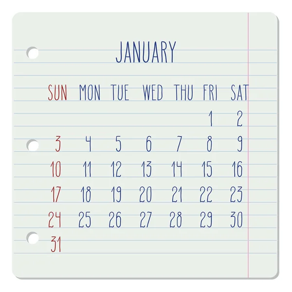 Gennaio 2016 calendario mensile — Vettoriale Stock