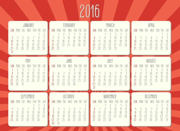 Jahr 2016 monatlicher Kalender — Stockvektor