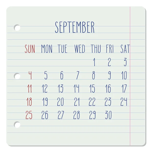 Calendario mensual septiembre 2016 — Archivo Imágenes Vectoriales