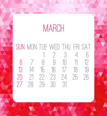 Mart 2016 aylık takvim