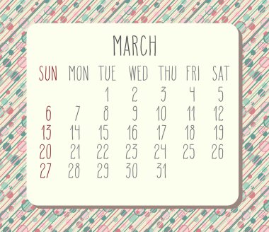 Mart 2016 aylık takvim