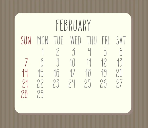 Φεβρουαρίου 2016 μηνιαίο ημερολόγιο — Διανυσματικό Αρχείο