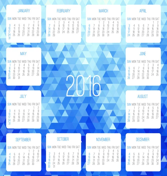 Año 2016 calendario mensual — Vector de stock