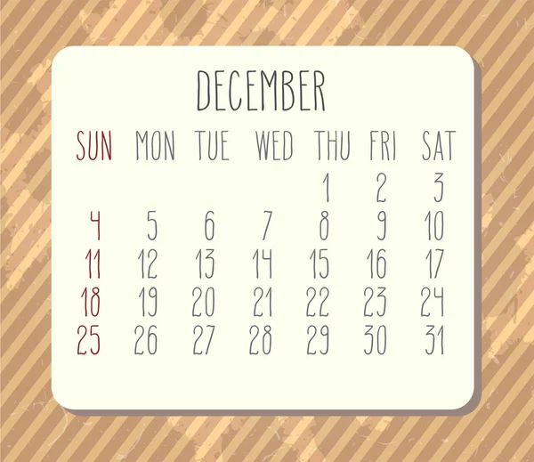 Diciembre 2016 calendario mensual — Vector de stock