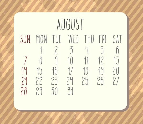 Agosto 2016 calendário mensal —  Vetores de Stock