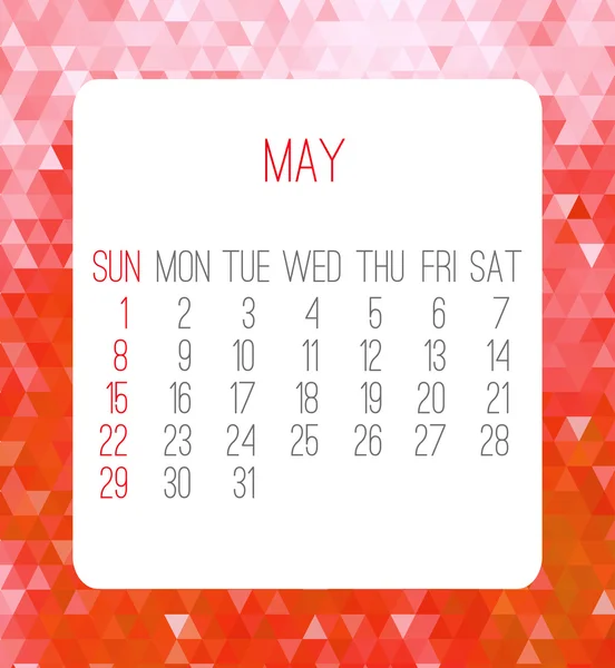 Maio 2016 calendário mensal — Vetor de Stock