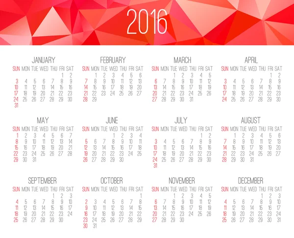 Ano 2016 calendário mensal — Vetor de Stock