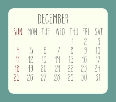 Aralık 2016 aylık takvim