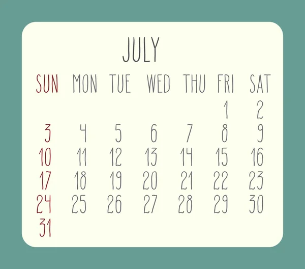 Juli 2016 maandkalender — Stockvector