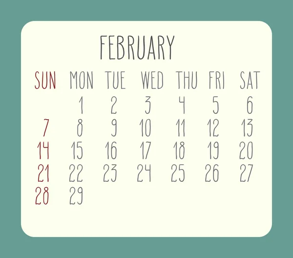 Calendario mensual febrero 2016 — Vector de stock