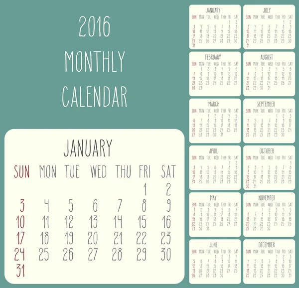 Año 2016 calendario mensual — Vector de stock