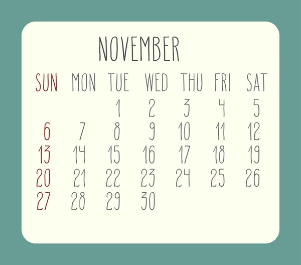 November 2016 monatlicher Kalender — Stockvektor