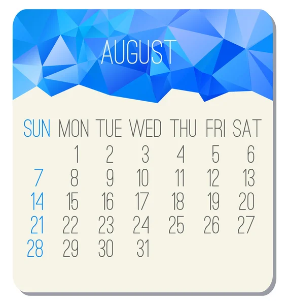Agosto 2016 calendário mensal — Vetor de Stock