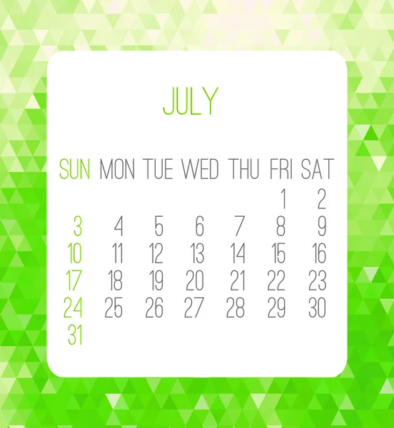 July 2016 monthly calendar — Stock Vector