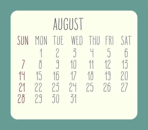 August 2016 monthly calendar — Stock Vector