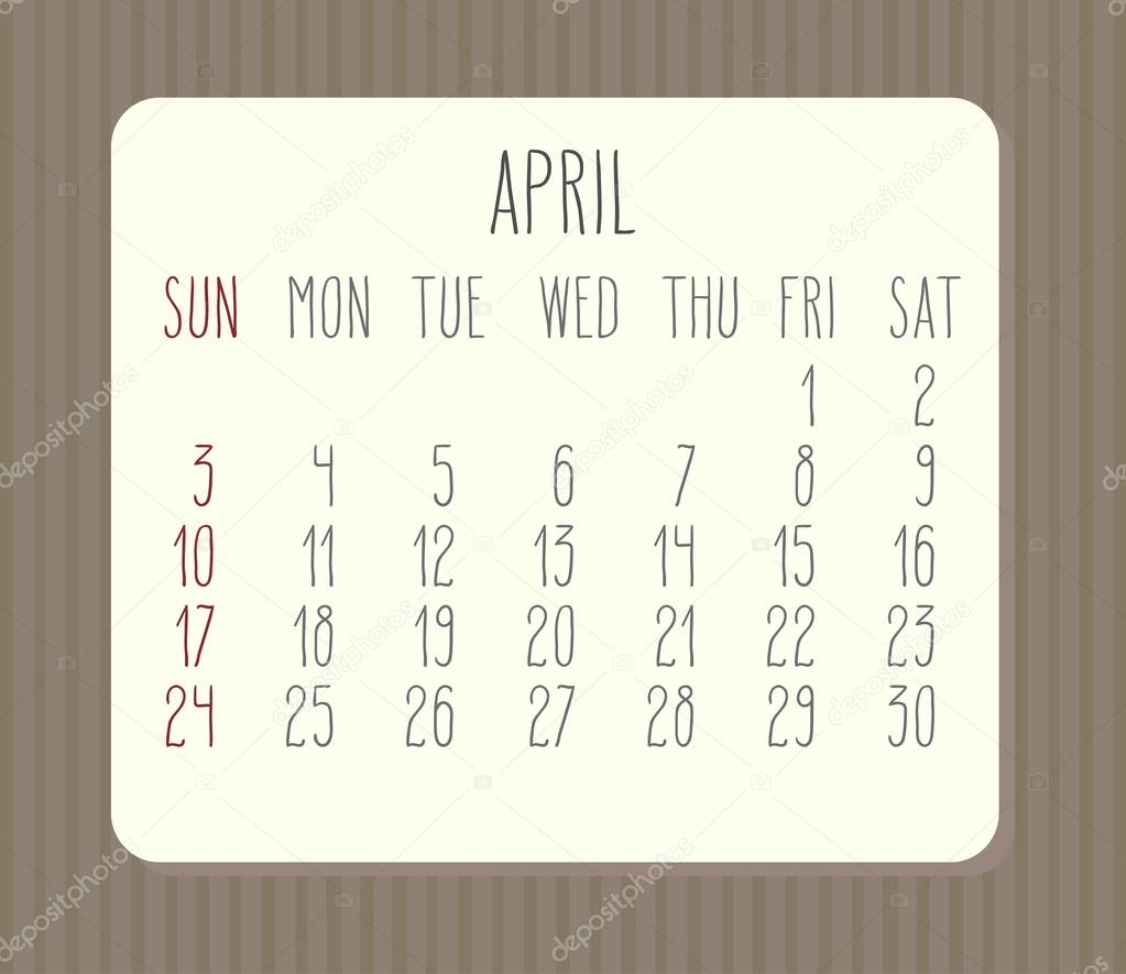 April 2016 monthly calendar