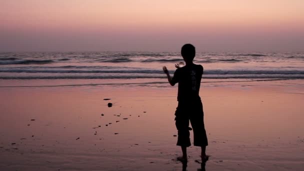 Unidentified man juggling with glass ball on the beach — Stock Video