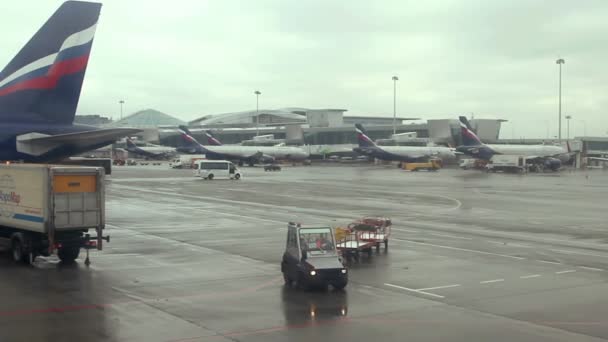 Luchthaven verkeer: landing van vliegtuigen, opstijgen toestemming vliegtuigen op de baan, laden en lossen van bagage te wachten. — Stockvideo