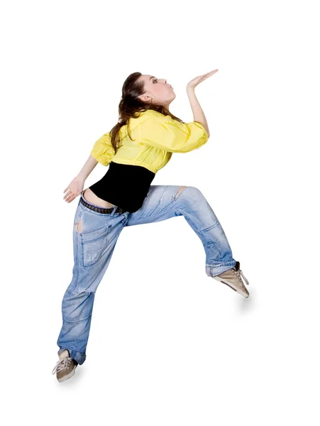 Fejhallgató lány álma zár szem십 대 소녀 흰색 배경 위에 힙합 댄스 — 스톡 사진