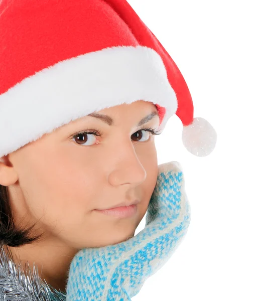 Yong žena v santa hat nad bílá — Stock fotografie