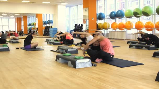 Belle femme sur le step board pendant l'exercice de yoga — Video