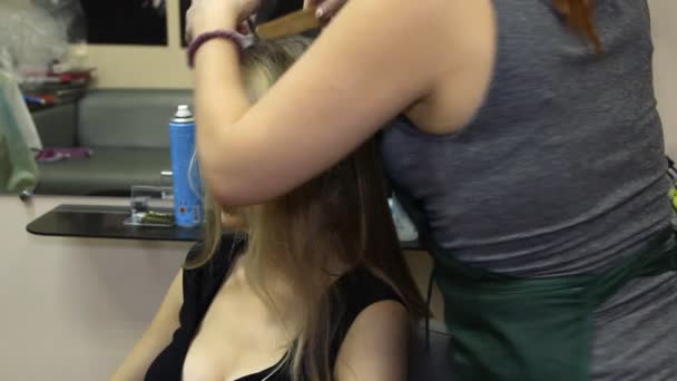 送風機を得ることのビューティー サロンでの長い髪の女 — ストック動画