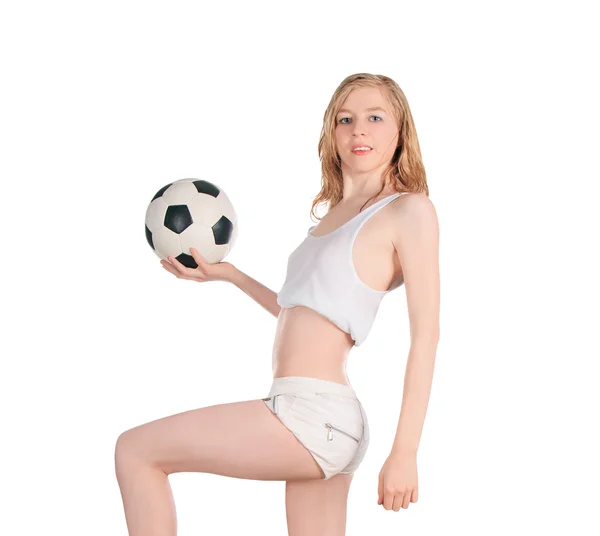 Young caucasian female with soccer ball on white background — Stock Photo, Image