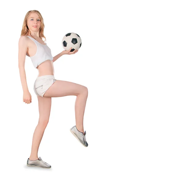 Unga kaukasiska kvinna med fotboll på vit bakgrund — Stockfoto