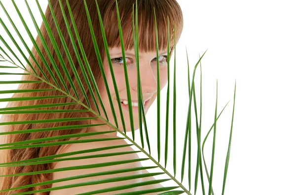Hübsches Weibchen hinter Palmblatt über Weiß — Stockfoto