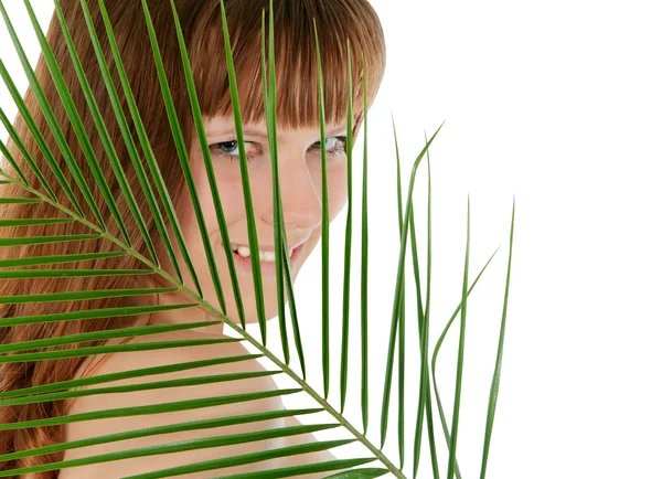 Hübsches Weibchen hinter Palmblatt über Weiß — Stockfoto