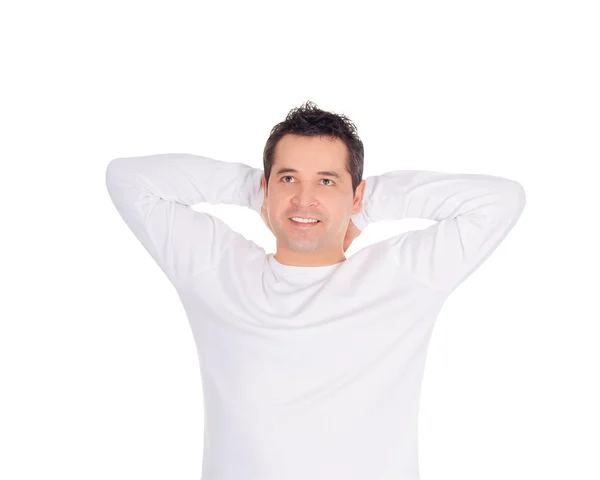 Souriant jeune homme rêvant à son avenir sur blanc — Photo