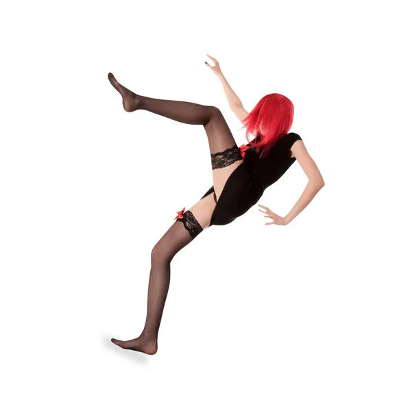 Εικόνα γυναίκας κόκκινα μαλλιά σε μαύρες κάλτσες που παρουσιάζουν — Φωτογραφία Αρχείου