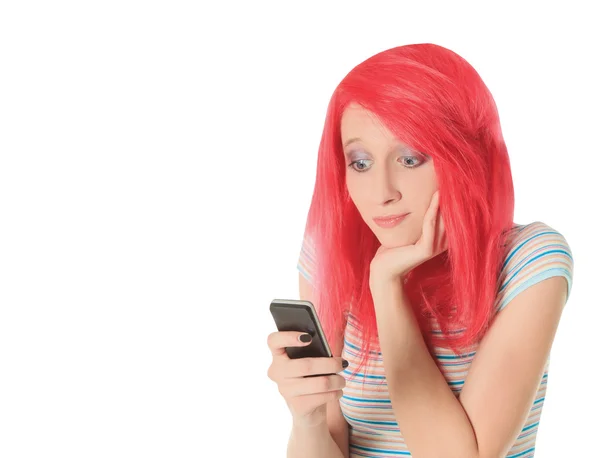 Bright picture of happy red hair woman with cell phone — Stock Photo, Image