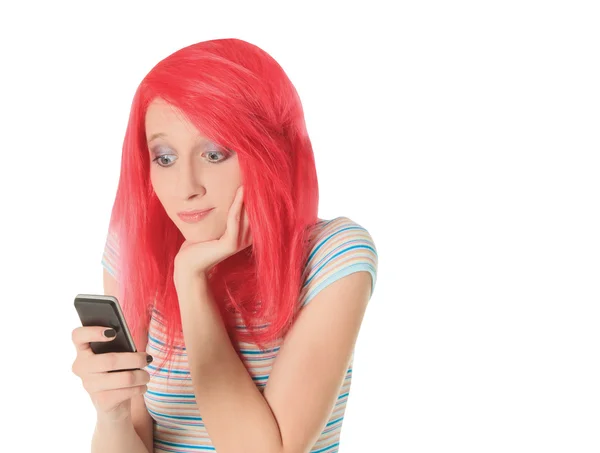 Bright picture of happy red hair woman with cell phone — Stock Photo, Image